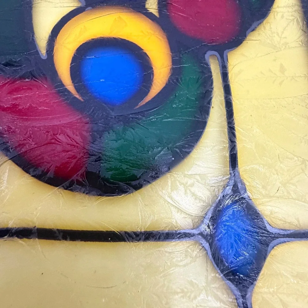 Vintage Stained Glass Window Panel Suncatcher Floral Leaded Metal Frame 18x12